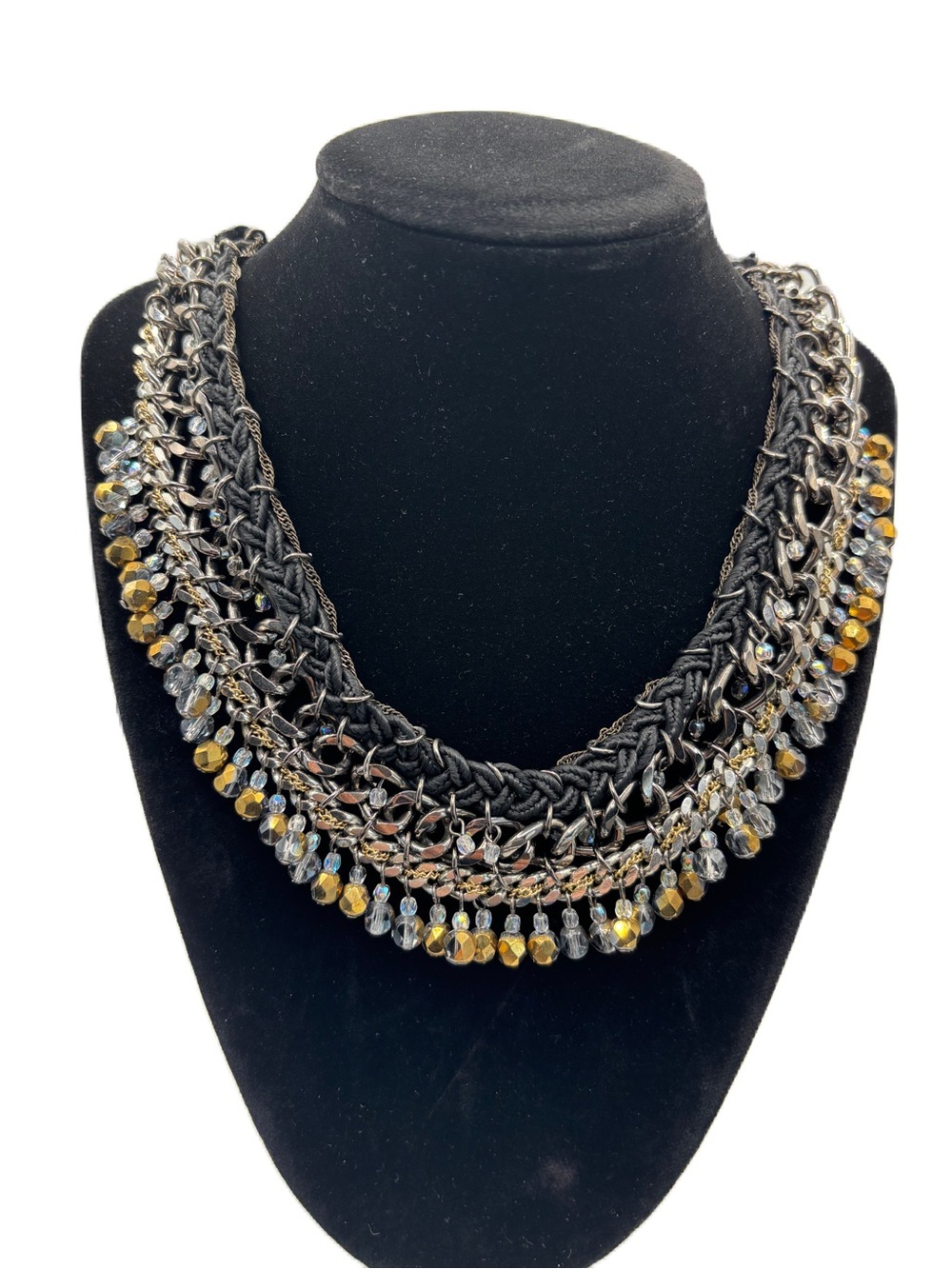 Statement Black Braided Multi-Chain Choker with Gold and Silver Beads